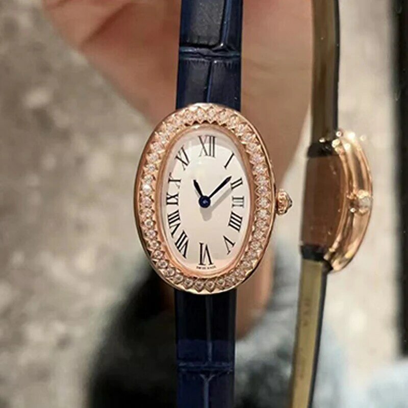 Reloj de cuarzo ovalado de diamante vintage para mujer, reloj de espejo de cristal de cinturón de ganado, reloj elegante de lujo, moda de diseñador, nuevo, 2024