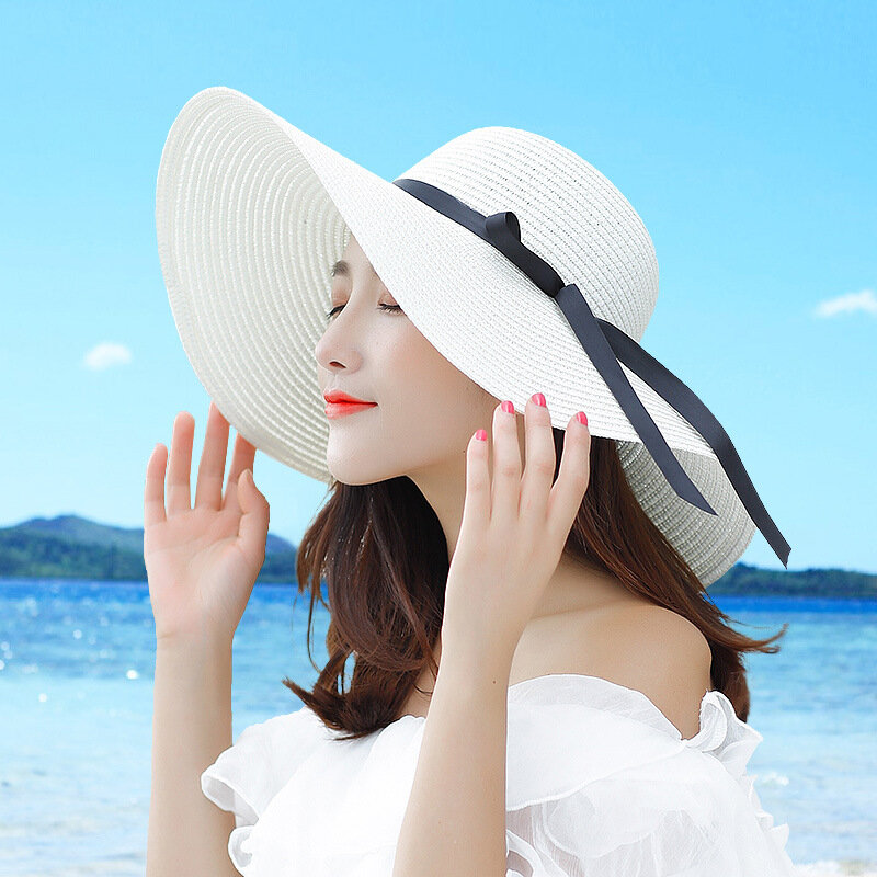 2023 nowy prosty składany szeroki kapelusz z opadającym rondem dziewczęcy słomkowy kapelusz przeciwsłoneczny plażowy damski kapelusz na lato ochrona UV czapka podróżna damski kapelusz damski