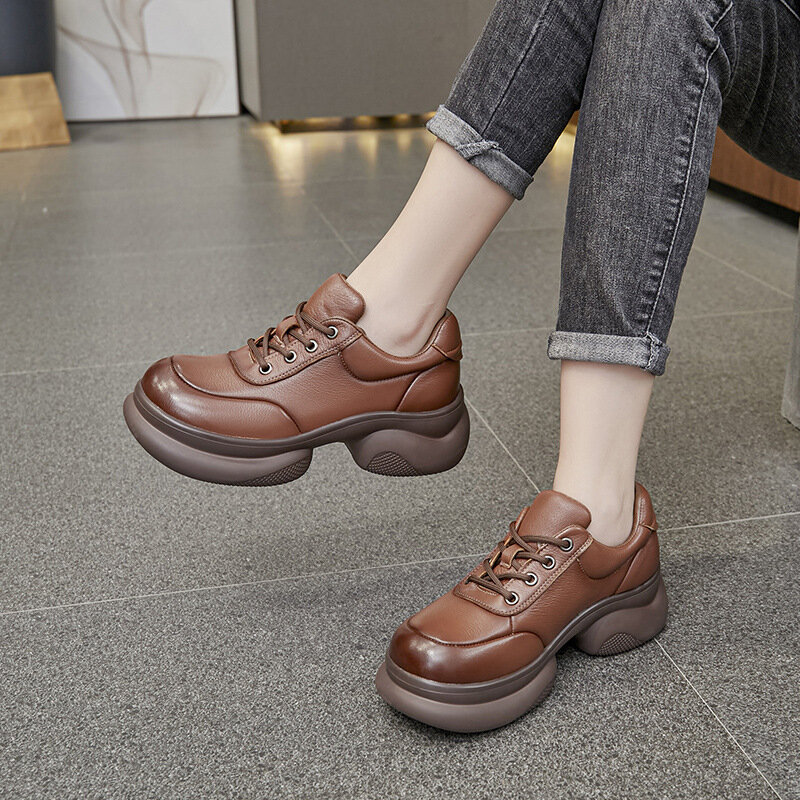Loafers sepatu kerja wanita, sneaker tunggal kulit asli tinggi, kasual musim semi dan gugur 2023