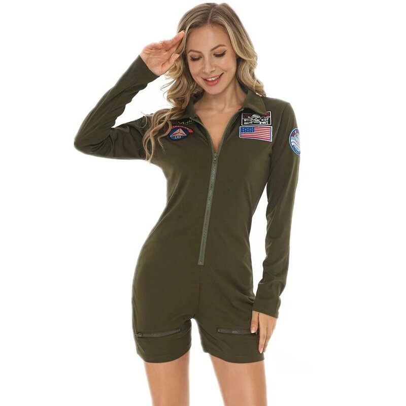 Cosplay seragam Aviator Angkatan Udara Amerika Kostum Halloween untuk wanita dewasa tentara hijau Cos Jumpsuit Pilot