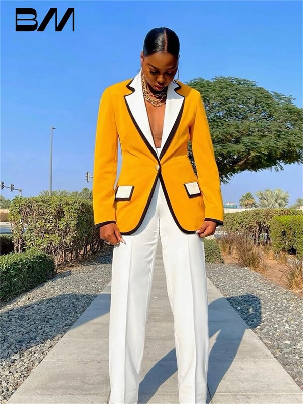 Setelan celana wanita oranye klasik, jas tuksedo Blazer satu kancing pas badan, pakaian pesta tamu pernikahan 2024