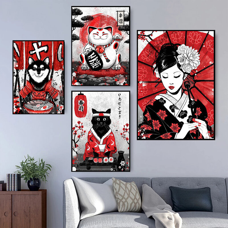 Gato animal japonês ramen nostalgia samurai quadros em tela dos desenhos animados posters cópias da arte parede para sala de estar cuadros