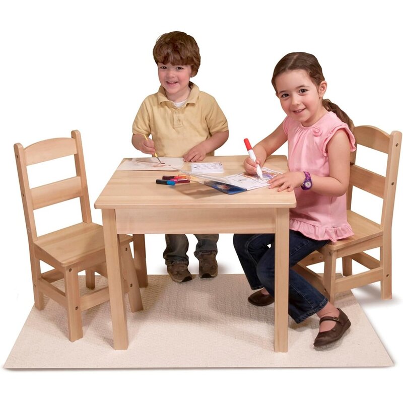 Meja kayu padat dan Set 2 kursi-furnitur akhir ringan untuk ruang bermain, pirang