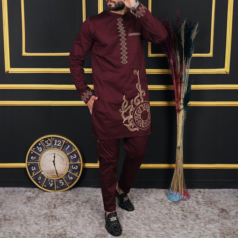 Vestido africano para hombre, traje de novio bordado con cuello redondo, camisa y pantalones, traje festivo para fiesta de cumpleaños, 2 piezas, nuevo, 2024