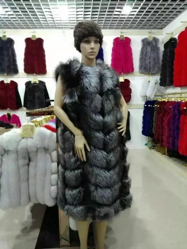 女性のためのノースリーブの毛皮の冬のコート,本物のキツネの毛皮で作られた,長くて自然な冬の毛皮,ファッショナブル