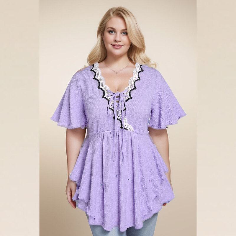 ROSEGAL Plus Size T-Shirts Lace-up Lettuce Double Layered Frilled Textured Tee Light Purple Fashion V Neck Tops For Women Blouse