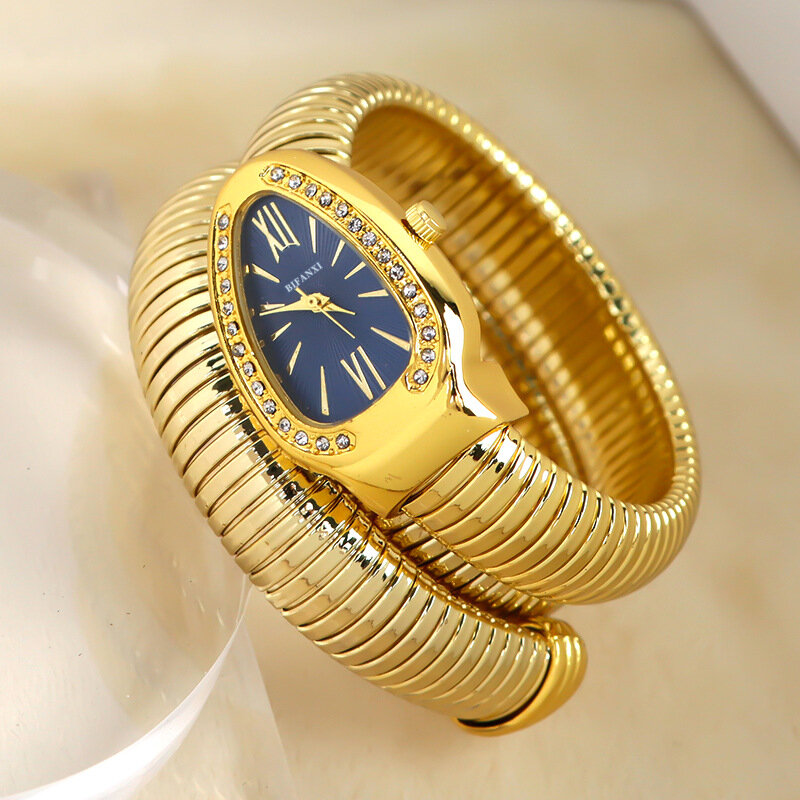 Relógio de quartzo de diamante brilhante feminino, design de cobra, três loops, relógios pulseira, ouro, dropshipping, moda