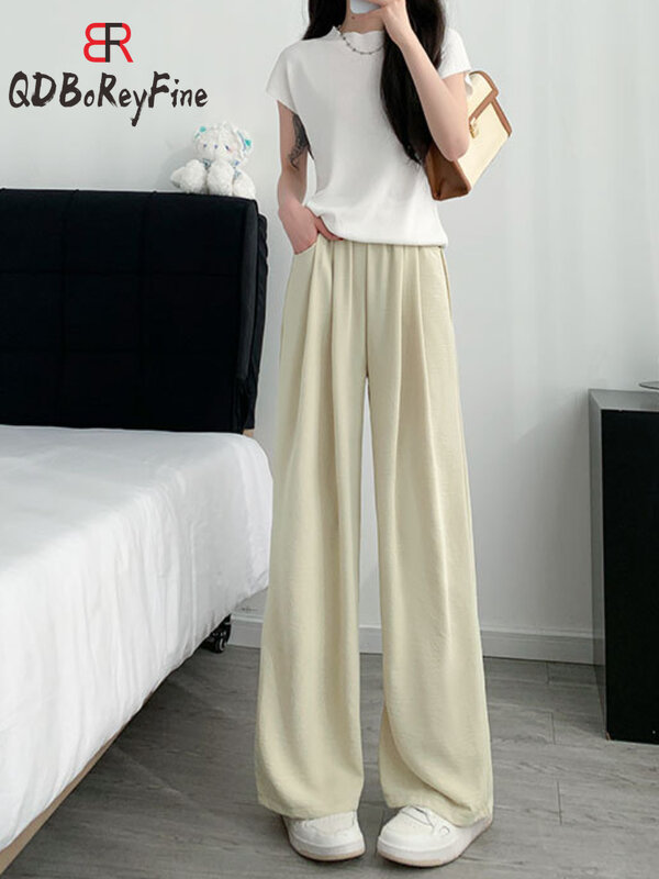Celana panjang kaki lebar wanita, celana panjang kasual longgar pinggang tinggi mode Korea hitam panjang penuh tipis musim panas musim semi
