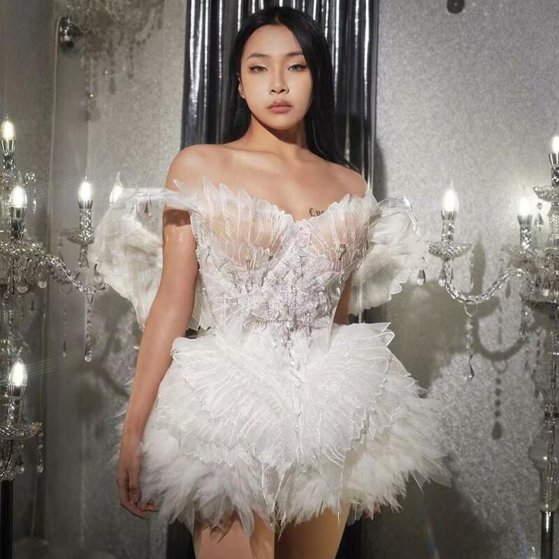 섹시한 흰색 날개 오프 숄더 백리스 짧은 드레스 여성용, 웨딩 생일 축하 의상, 우아한 댄스 의상