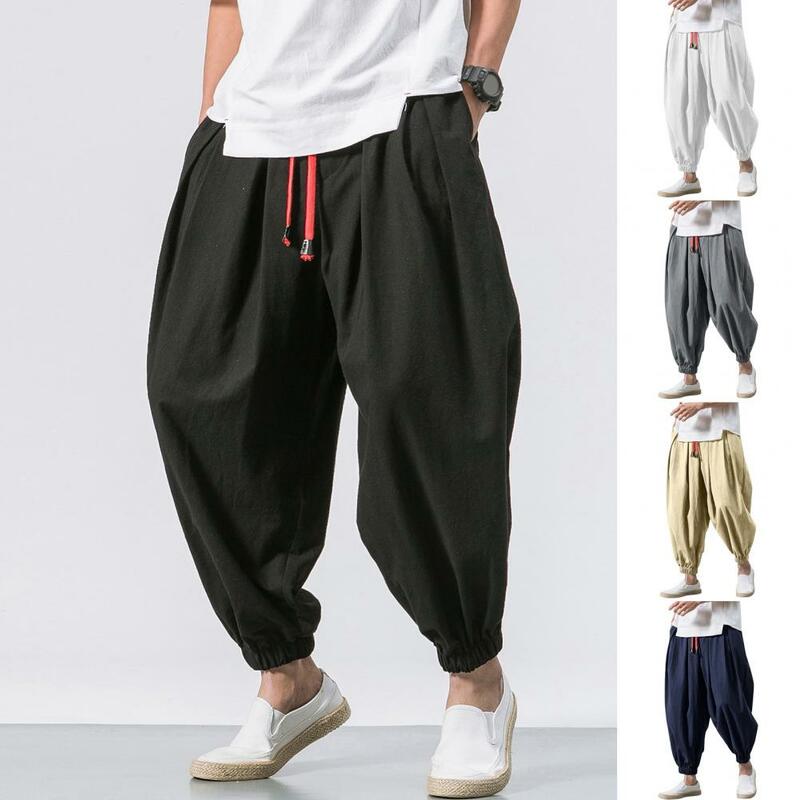 Calça de harém virilha profunda masculina, calça com cordão, bolsos com elástico na cintura, roupa diária casual, tamanho grande