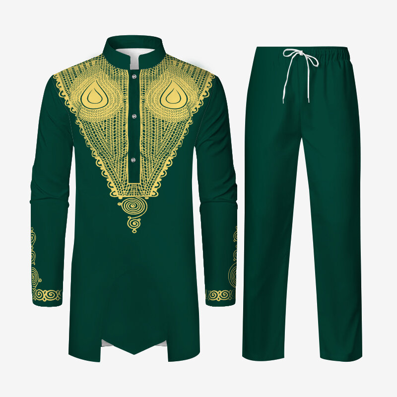 Conjunto de camisa e calcinha dashiki de manga longa africana masculina, veste muçulmana, roupas tradicionais, padrão de luxo tradicional, 2 peças