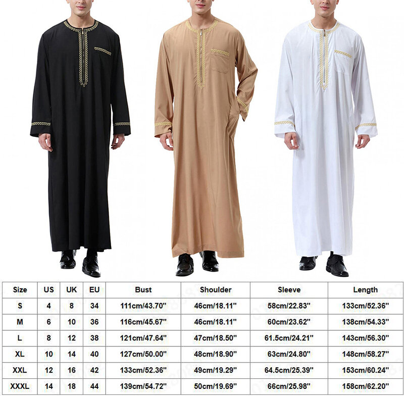 Męski muzułmański suknia arabska bliskowschodni islamski sukienka w stylu etnicznym dubajski z długim rękawem Kaftan Thoub Jubba saudyjski odzież wiosenno-jesienna S-3XL