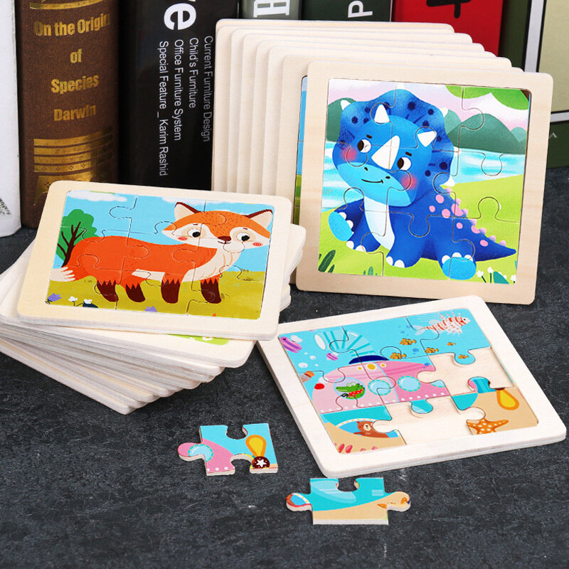 赤ちゃんのための木製モンテッソーリ3Dジグソーパズル,11x11cm,漫画の動物,教育玩具