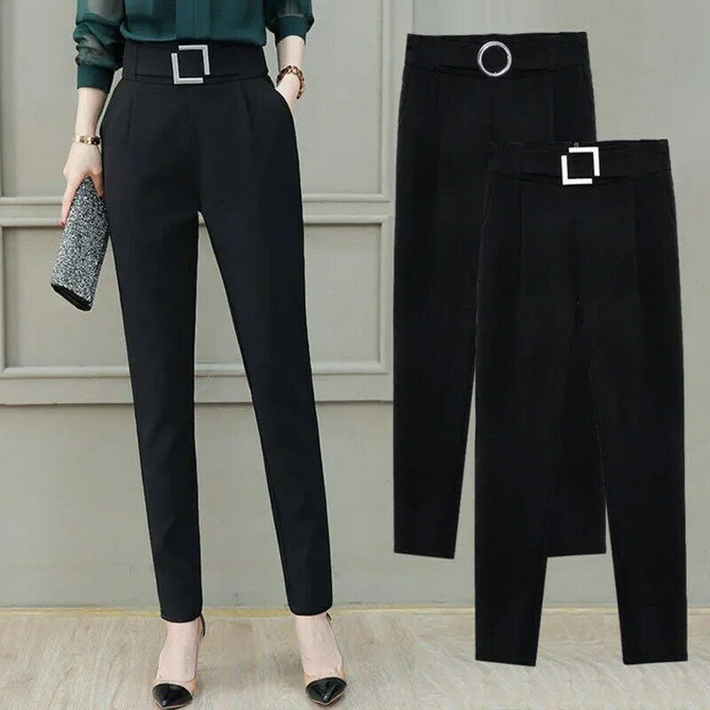 Wiosenny i letni damski elastyczny kombinezon spodnie Harlan czarny, wysoki stan, dziewięciopunktowe spodnie garniturowe, wąskie, casualowe spodnie damskie