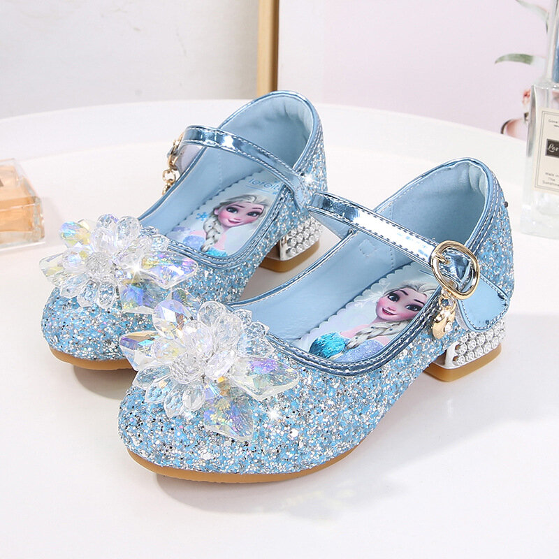 Обувь на высоком каблуке для девочек Эльзы Новинка кожаные туфли для маленьких девочек с кристаллами детская обувь принцессы для прогулок для детей