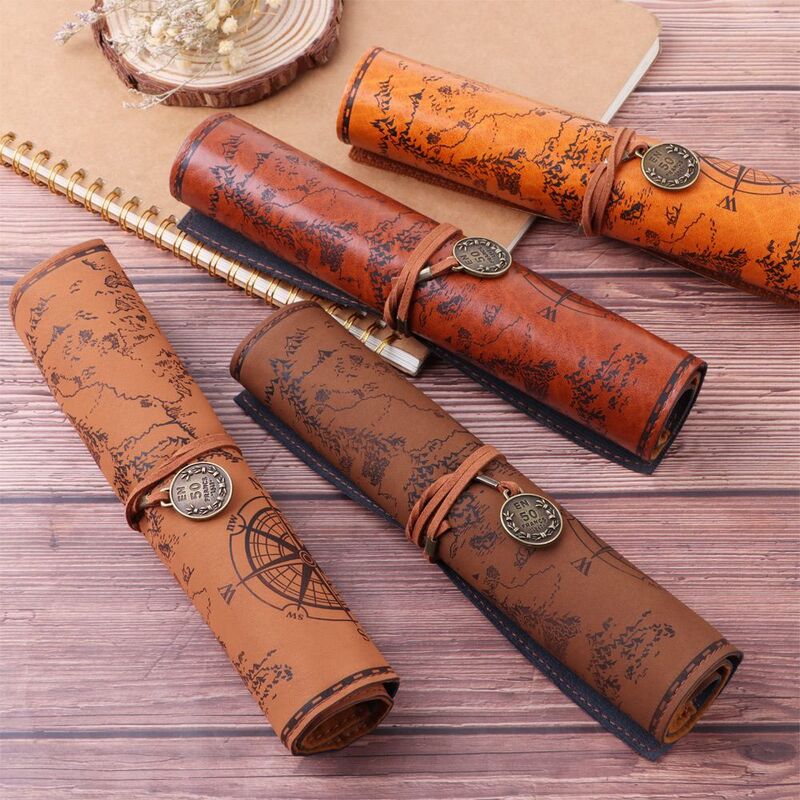 Retro Treasure Map Roll Pen Pouch PU Leather Big Capacity Pencil Case Multifunctional Vintage Storage Bags Stationery Pencilcase