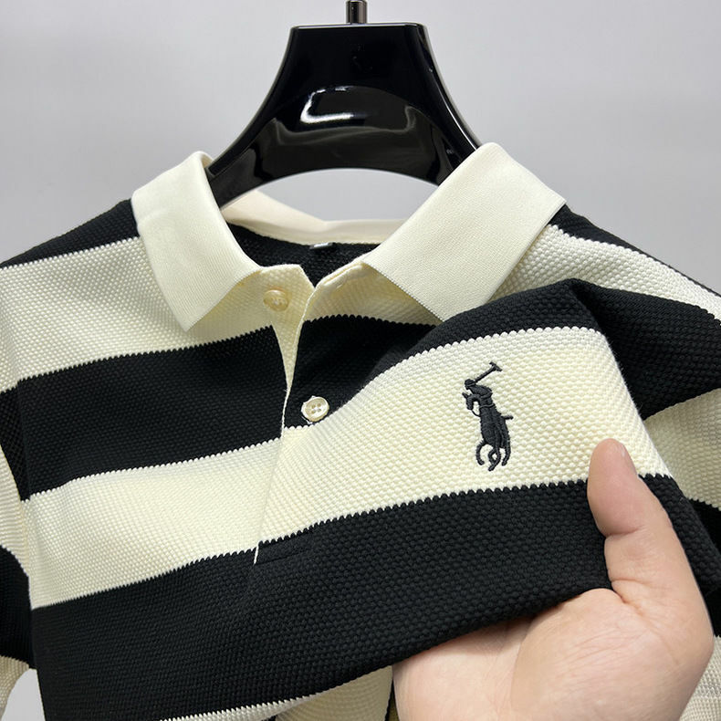 Summer Polo Shirt Half Sleeve Trend Stripes T-shirt Men's Short Sleeve Summer Men's Lapel T-shirt Embroidered Clothes