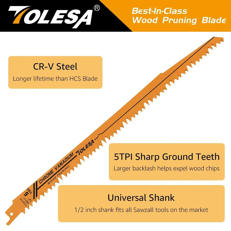 TOLESA-Poda De Madeira Reciprocating Saw Blades, 5 TPI Sawzall Blades, Green Wood Construction, PVC Pipe Cutting CRV, 5pcs