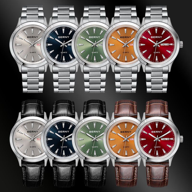 Berny-メンズクォーツ腕時計,高級ブランド,耐水性,カレンダー,発光,ステンレススチール