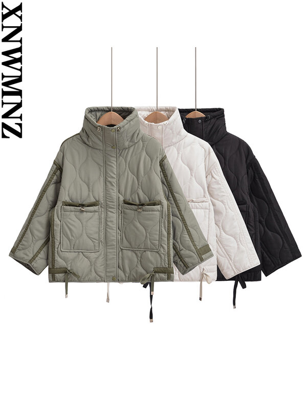 XNWMNZ Women's Fashion 2023 Autumn/Winter Quilted Padded Jacket Women Vintage Stand Neck Pocket Zipper Casual Female Outerwear