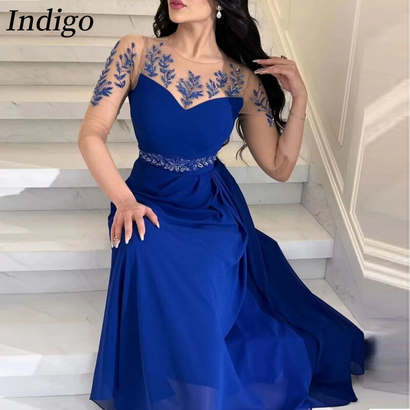Indigo Chiffon Evening Dresses O Neck Half Sleeve Ankle-Length Exquisite Women Formal Party Dress 2024 vestidos de fiesta