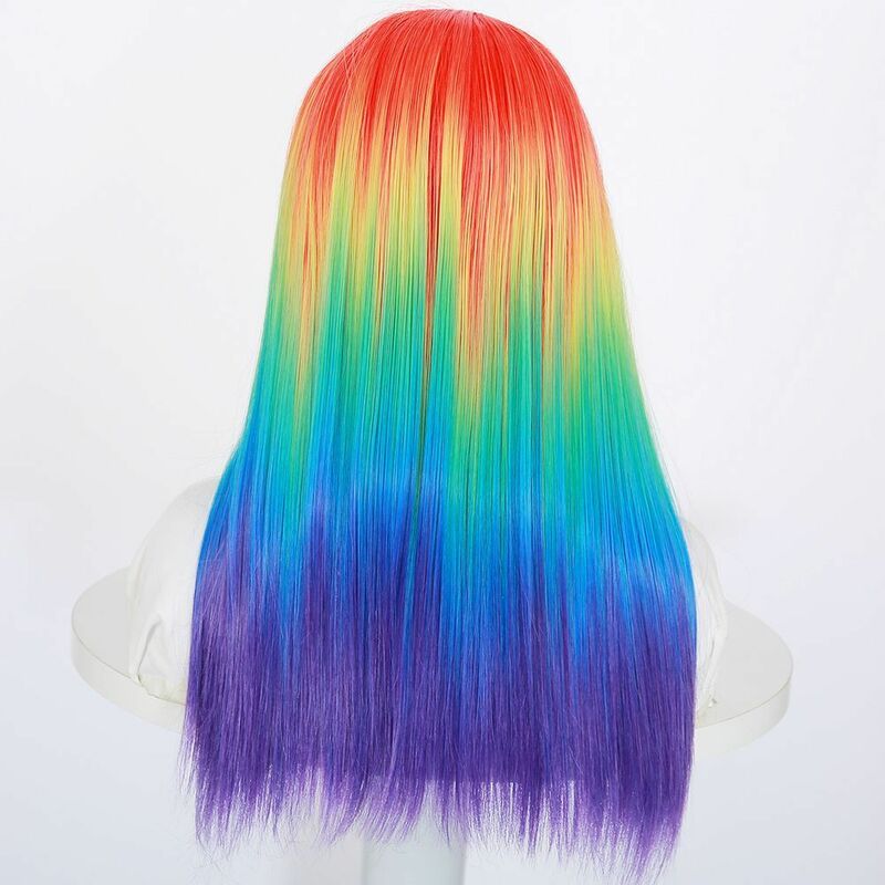 Kreatywny tęczowy kolorowy gradient kobiety długie proste włosy rozchylone w środkowej części włókna opaska peruki syntetyczne włosy Pelucas