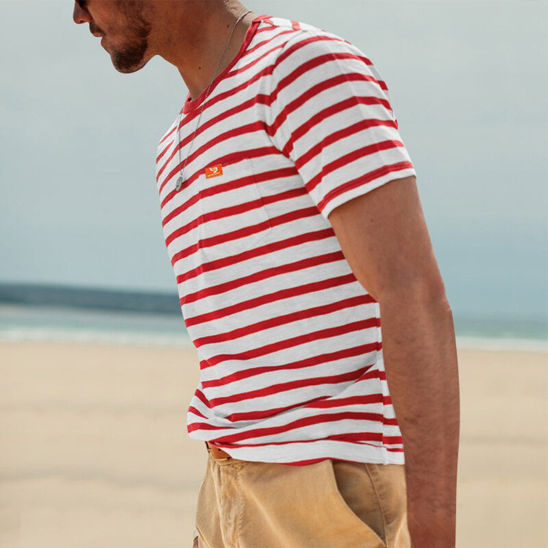 Camiseta de manga corta a rayas para S-2XL, Top de poliéster 95% + 5% Spandex, color negro, azul marino y rojo
