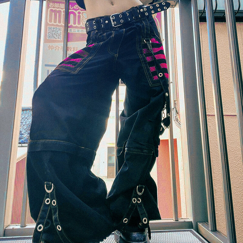 Gothic Women Punk Cargo Pants Wide Straight Leg Pants Grunge Hippie Baggy Trousers Y2k Academic Dark Clothes Streetwear