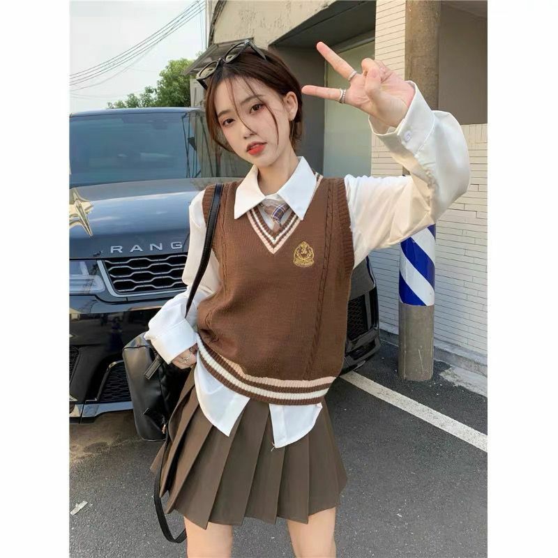 Traje de uniforme universitario Jk de Japón y Corea para mujer, Chaleco de punto, camisa, Falda plisada, conjunto de 3 piezas, conjunto de uniforme escolar de estilo universitario americano