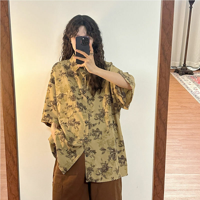 Women Summer Simplicity Vintage Printing Loose Polo-Neck 3/4 Sleeve Shirts Women Clothes Casual Simplicity Large Size Trend Tops