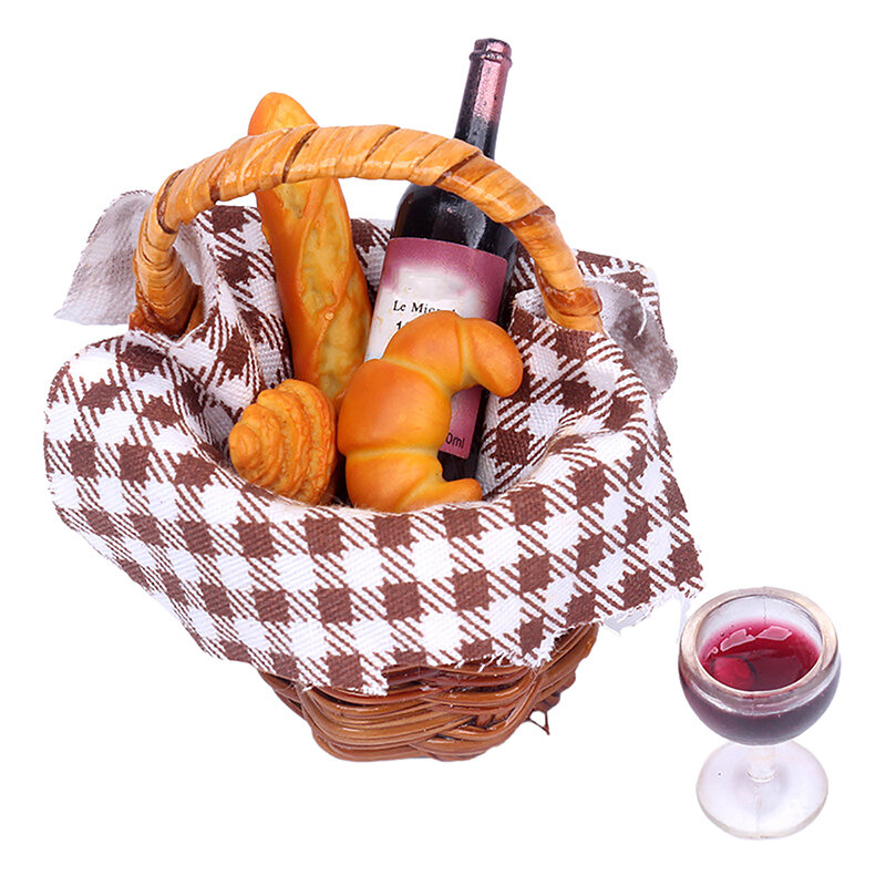 Keranjang piknik, miniatur rumah boneka, keranjang roti, kain keranjang piknik, Model dapur, dekorasi mainan, aksesoris rumah boneka