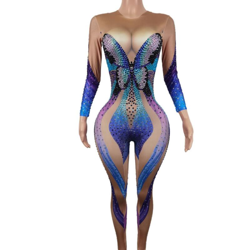 Colorful Rhinestone Butterfly Bodycon Jumpsuits Long Sleeves Women Dance Bodysuits Showgirl Stage Costumes Party Romper Hudie