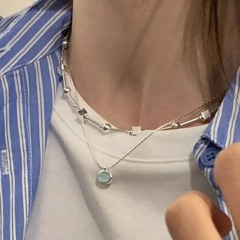 Kalung geometris manik-manik perak Sterling 925 untuk wanita anak perempuan desain Korea perhiasan Choker serbaguna Dropship grosir