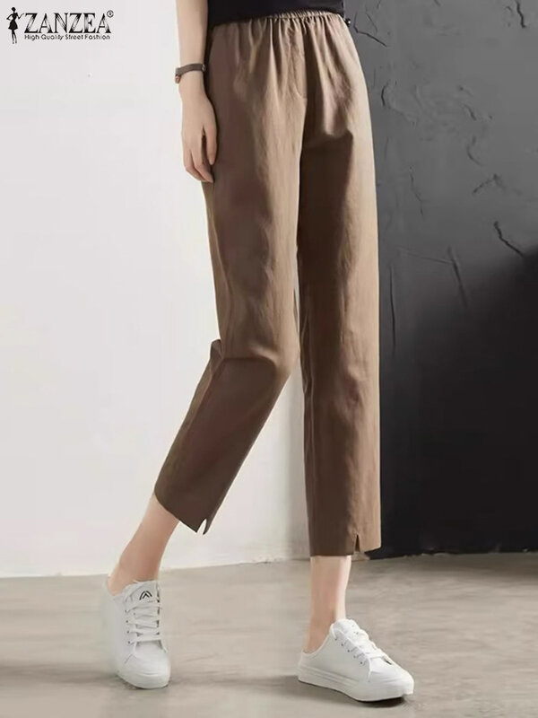 ZANZEA-Pantalones recortados rectos coreanos para mujer, pantalones largos con bolsillos de cintura elástica, pantalones casuales con abertura, moda de verano