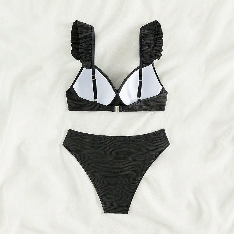 Sexy Khaki Ribbed Swimwear, Conjunto de biquínis de cintura alta, maiô babados, Fato de banho bandagem cruzada, Banhista brasileiro, 2022