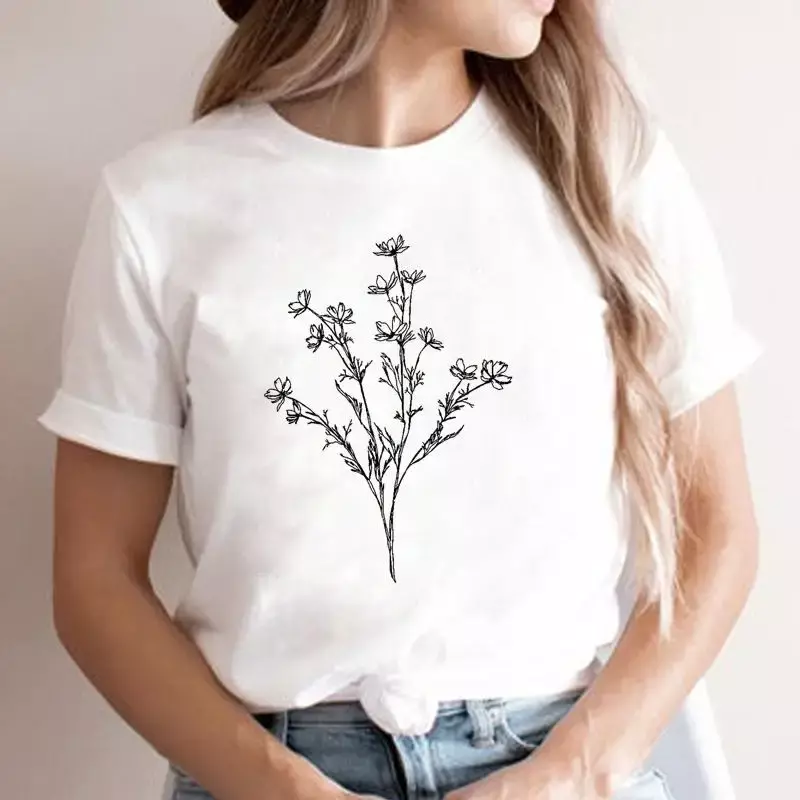 T-shirt manches courtes femme, décontracté, impression de fleurs, graphique, dessin animé, tendance des années 90