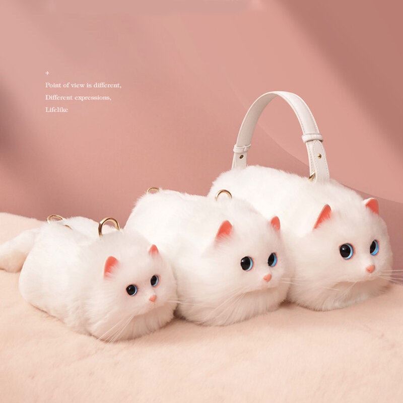 Designer High Quality Cute White Cat Women Chain Shoulder Bag Soft Plush Handbag Crossbody Girls Birthday Gift