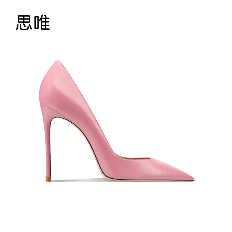 Sapatos de salto alto de couro genuíno para mulheres, bombas clássicas femininas, estilete, vestido de noite, moda rosa, 2023