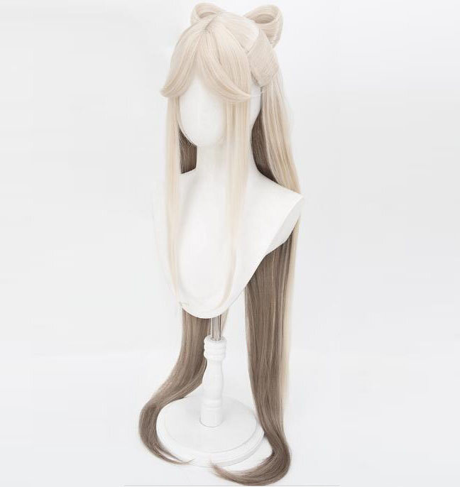 Ningguang Wig Cosplay serat asli, wig sintetik gradien rambut panjang emas ringan