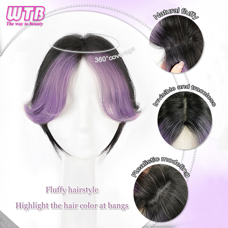 WTB Wig poni sintetis wanita, Wig bersinar merah muda/ungu, penutup alami poni putih