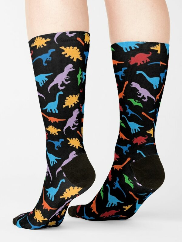 Chaussettes colorées pour hommes et femmes, motif de fond transparent, silhouette, heureux, 7 espèces de dinosaures