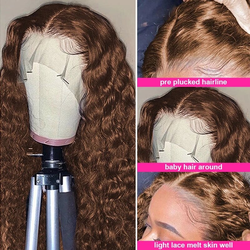 Reddish Brown Deep Curly Lace Front Wig Human Hair HD Lace Frontal Wigs Chocolate Color Water Wave Glueless Lace Wigs for Women