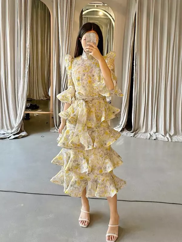 Dress Vintage cetakan bunga, gaun Midi kerah berdiri, panjang sedang elegan musim semi dan panas 2024