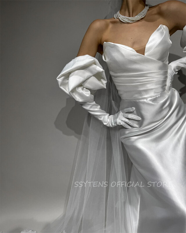 ชุดแต่งงานนางเงือกสีขาวแบบไม่มีสายรัดถอดแขนพองลายดอกไม้3D ชุดเดรสเจ้าสาวชุดแต่งงานวินเทจ2024