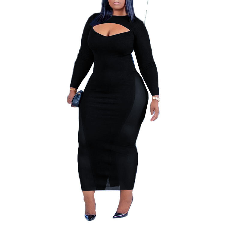 Plus Size abbigliamento donna nuovo grande autunno donna nero di media lunghezza un passo vestito manica lunga modello pendolare colore maglia vestito