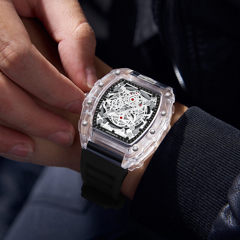 นาฬิกาควอตซ์ทรงถังกลวงโปร่งใสแบบมี BK134นาฬิกาแฟชั่นลำลองกันน้ำสำหรับกีฬาปฏิทินแบบลำลองของผู้ชาย