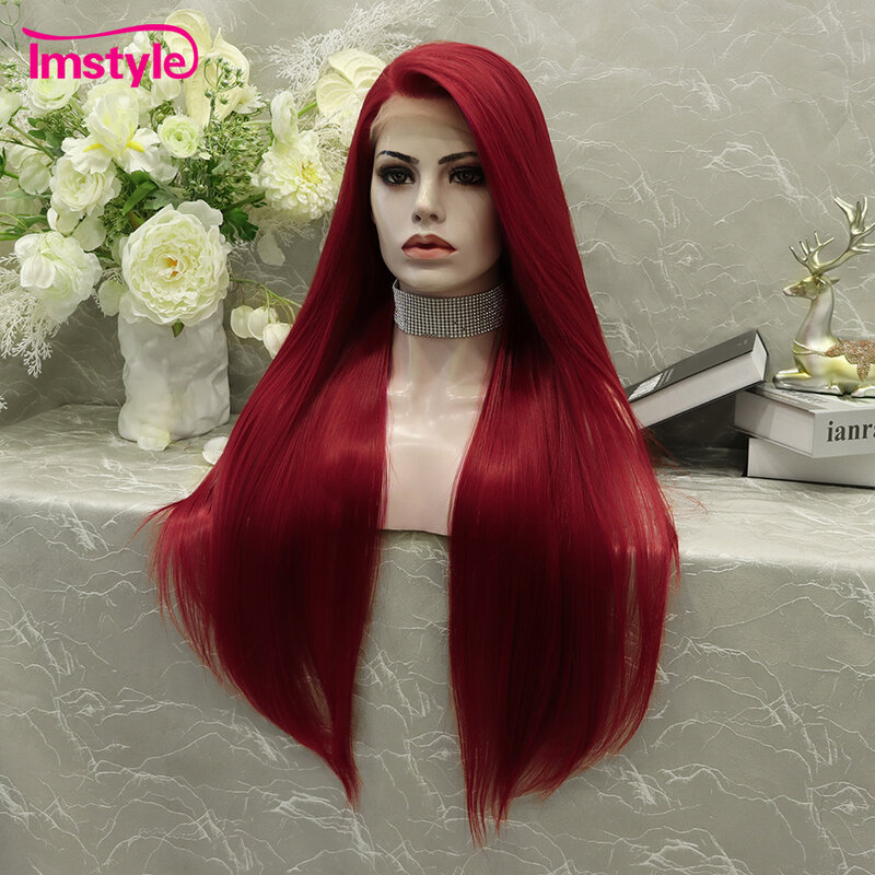 Imstyle czerwona koronkowa peruka syntetyczna koronka peruka Front dla kobiet peruka z długich prostych włosów wolna część bezklejowa włókno termoodporne peruka do Cosplay