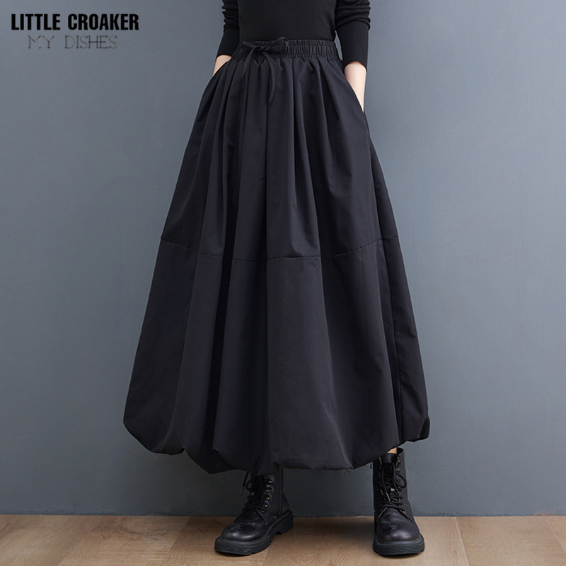 ملابس نسائية أنيقة سوداء Vintage عالية الخصر مطوي جيوب حجم كبير موضة الرسوم الزاهية فضفاض ميدي تنورة خريف شتاء 2022