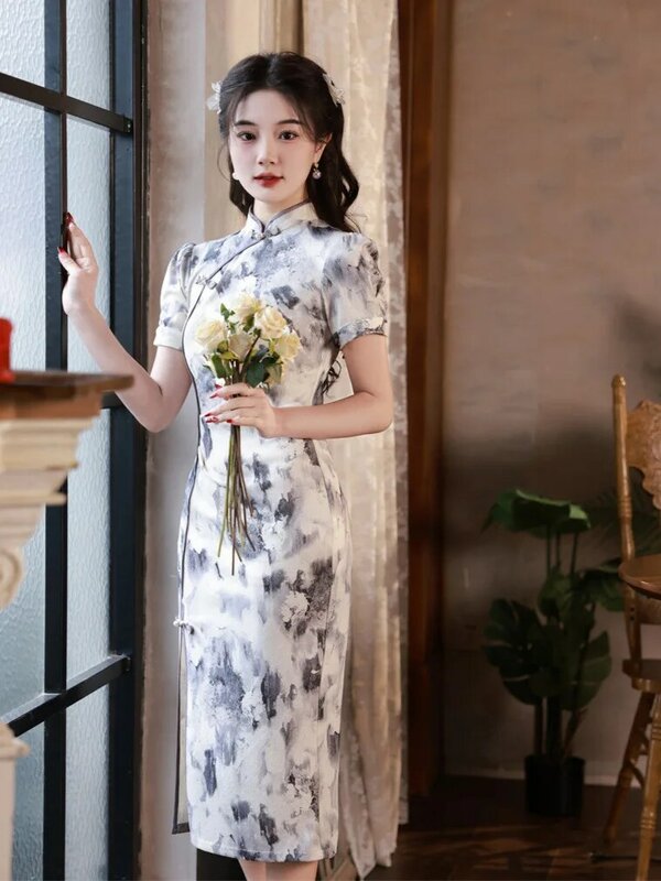 Cheongsam estampado a tinta feminina, vestido vintage tradicional elegante, moda chinesa fina, estilo étnico, Qipao moderno, verão, novo