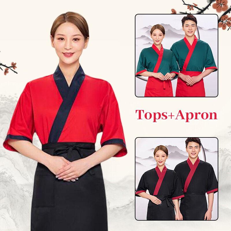 Japanese Style Sushi Restaurant Waiter Overalls Kimono Hanbok Unisex Catering Barbecue Shop Waiter Work Wear Tops With Apron